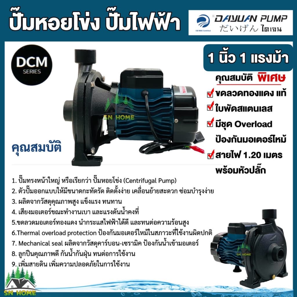 DAYUAN ปั้มน้ำไฟฟ้า ปั๊มหอยโข่ง 1นิ้ว 1HP 220V รุ่น DCM158 ขดลวดทองแดงแท้ 100% ใบพัดสแตนเลส ไดเจน ทน อึด รูปที่ 2