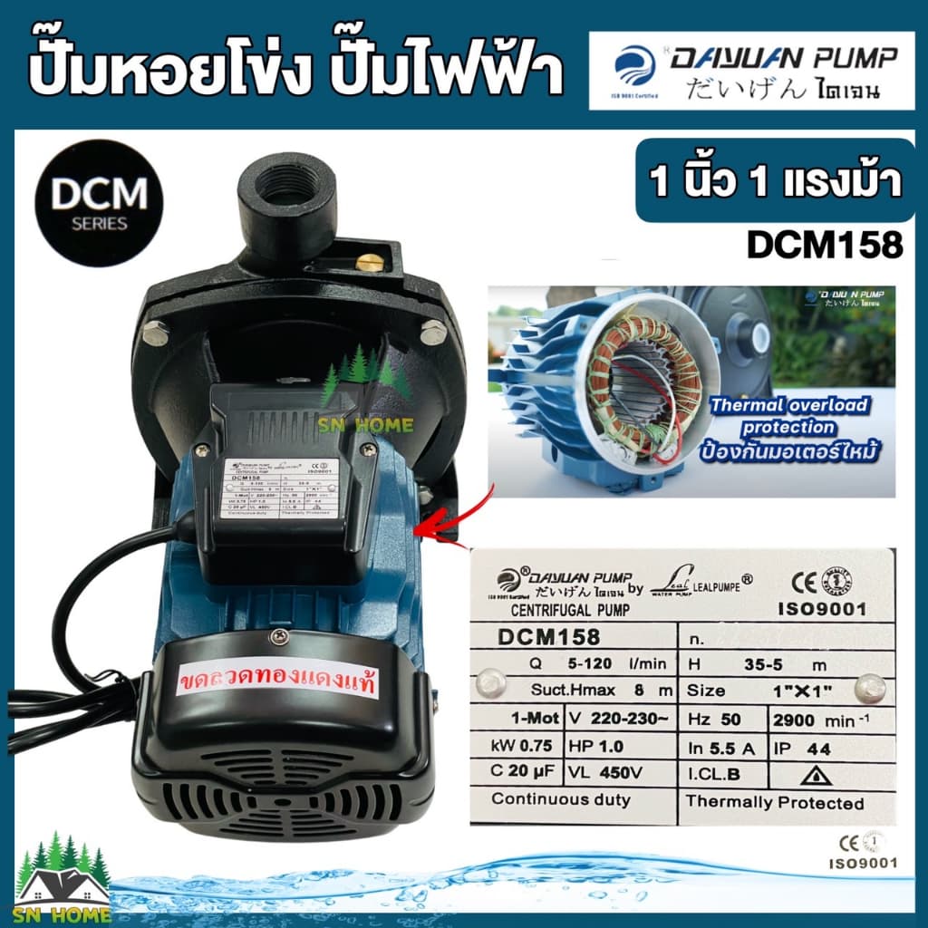DAYUAN ปั้มน้ำไฟฟ้า ปั๊มหอยโข่ง 1นิ้ว 1HP 220V รุ่น DCM158 ขดลวดทองแดงแท้ 100% ใบพัดสแตนเลส ไดเจน ทน อึด รูปที่ 5