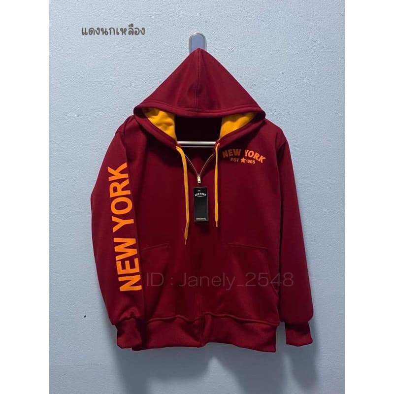 เสื้อคลุม new york รุ่นสกรีนแขนซิปเหล็กสีทอง หมวก2ชั้น รูปที่ 7