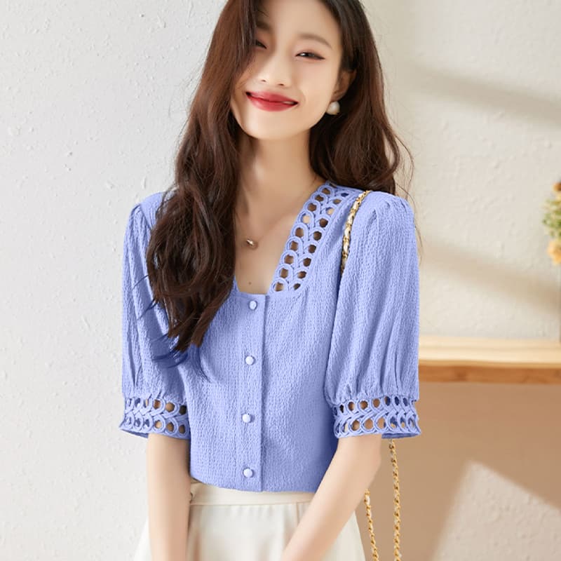 FBAShop ใหม่มากแฟชั่น เสื้อยืดผู้หญิง คอวี แต่งกระดุมแถวเดียว สุดชิค สไตล์เกาหลี แฟชั่นฤดูร้อน มันเริ่ดมากๆเลยนะ รูปที่ 7