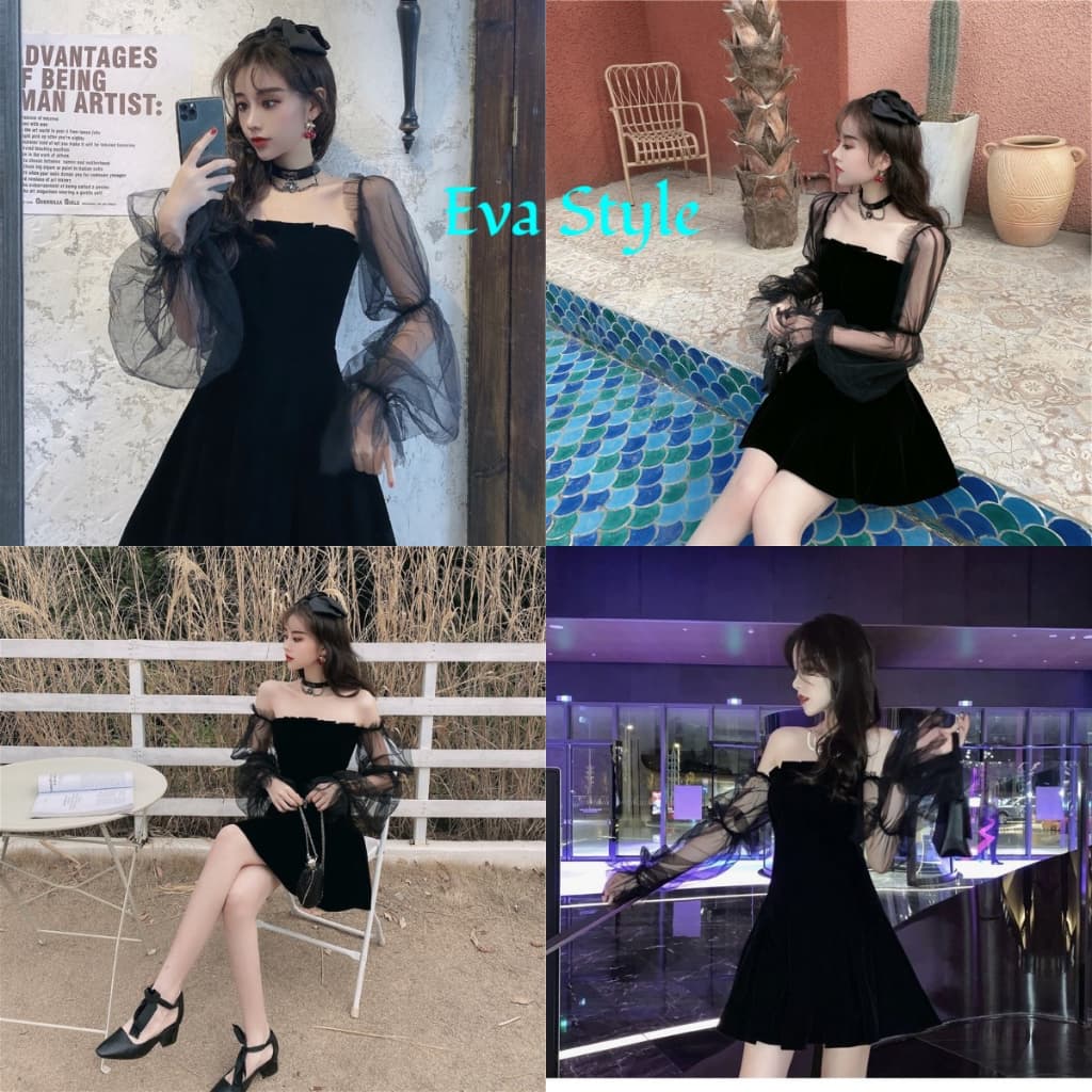 Eva Style COD เอวเซ็กซี่เอวบางชุดไหล่เดียว เชุดเดรสสีดำแขนยาว ชุดเดรสแขนพัฟสีดำ ปิดไหล่ รูปที่ 3