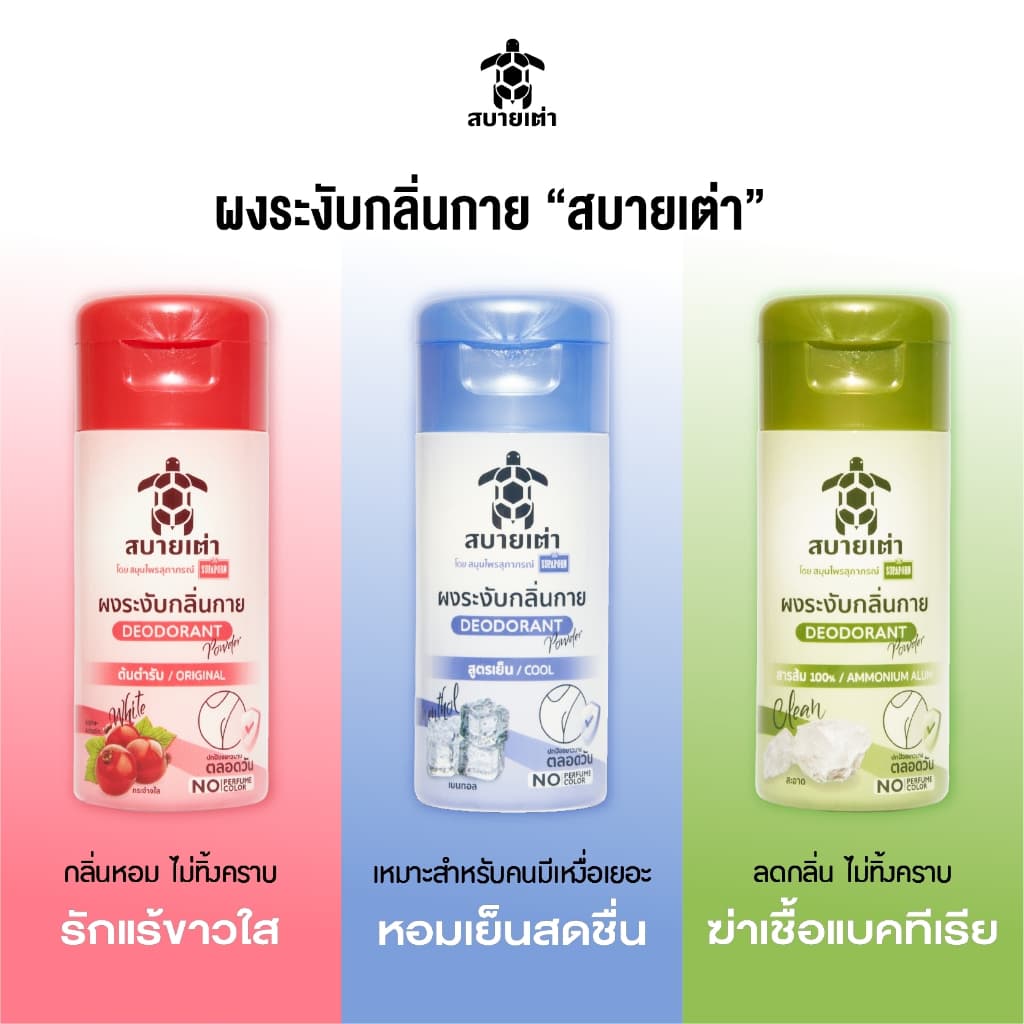 สบายเต่า ผงระงับกลิ่นกาย 22g. สมุนไพรสูตรเย็น ระงับกลิ่นเหงื่อ กลิ่มหอม ระงับกลิ่นเต่าและเท้า ยาวนาน 12 ชม. รูปที่ 4