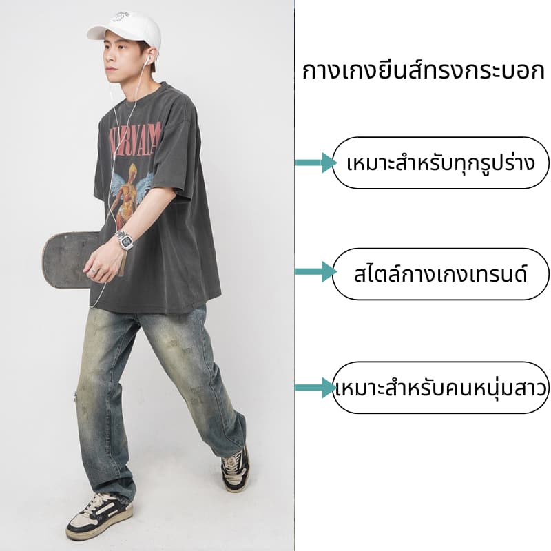 beerbroth-กางเกงยีนส์ชาย ขายาว สีน้ำเงิน ทรงหลวมตรง ขากว้าง สไตล์วินเทจ ไซส์28-35 ทรงกระบอกใหญ่ baggy jeans รูปที่ 3