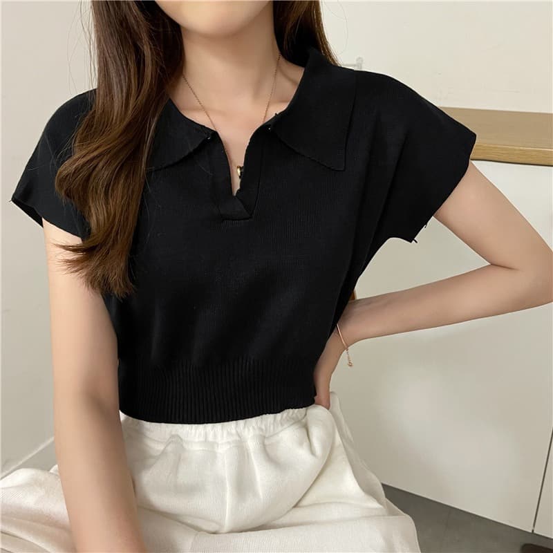 ** ในไทย** เสื้อครอปไหมพรม แขนกุดผ้านิ่ม คอปกหน้าวี Y20 รูปที่ 6