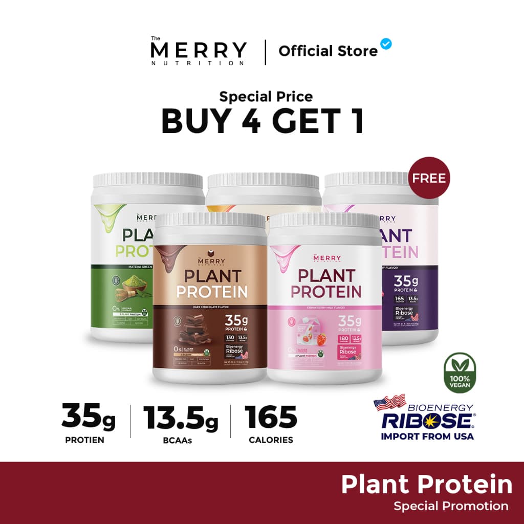Merry Plant Protein โปรตีนพืช 5 ชนิด : 4 กระปุก เเถม 1 กระปุก 2.3lb. / 1,050g. รวม 5 กระปุก 5 รสชาติ รูปที่ 1