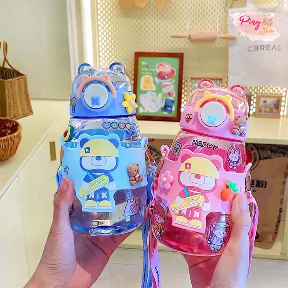 กระบอกน้ำ กระติกน้ำเด็กลายน่ารัก ขนาด 600ml พร้อมฝาครอบกันรั่วมีสายคล้อง น้ำหนักเบาและพกพาสะดวก รูปที่ 1