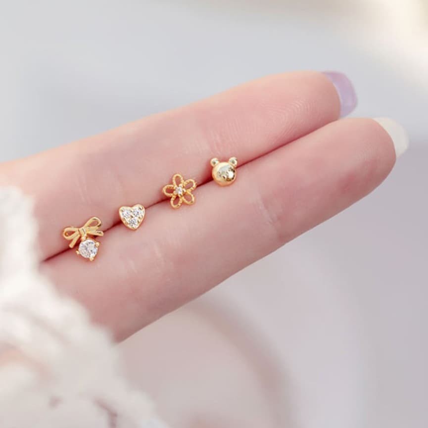 120-littlegirl gifts-Mini stud earrings ต่างหูเงิน s925 ชุบทอง 4 แบบ 4 ขนาด รูปที่ 1