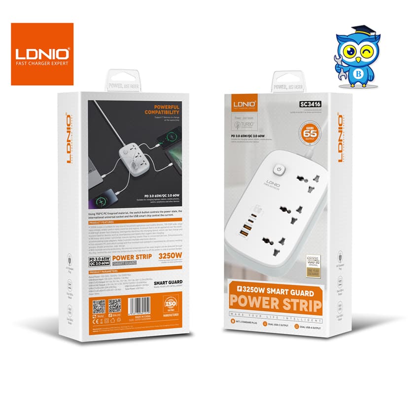 LDNIO SC3416 ปลั๊กพ่วง3Socketรองรับ65W PD3.0+60W QC3.0 Fast chargeชาร์จเร็ว กำลังไฟ 3250W-สายยาว 2เมตร รูปที่ 1