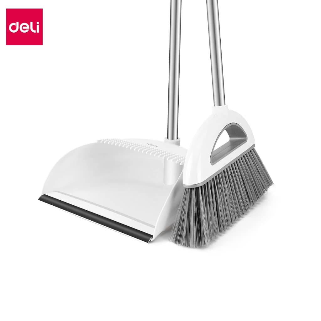 Deli ชุดไม้กวาด ไม้กวาดมีแปรงในตัวพร้อมที่ตักขยะ ที่โกยผง ตัวล็อคสำหรับจัดเก็บ Broom and dustpan set
