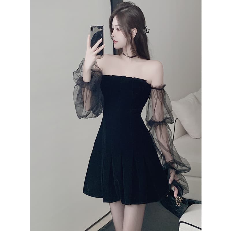 Eva Style COD เอวเซ็กซี่เอวบางชุดไหล่เดียว เชุดเดรสสีดำแขนยาว ชุดเดรสแขนพัฟสีดำ ปิดไหล่ รูปที่ 2