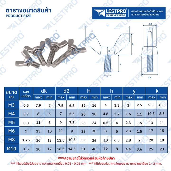 น็อต สกรู หางปลา ปีก ผีเสื้อ สแตนเลส 304 เกลียวมิล หยาบ M4 / Wing Screw SUS304 DIN316 M4 รูปที่ 2