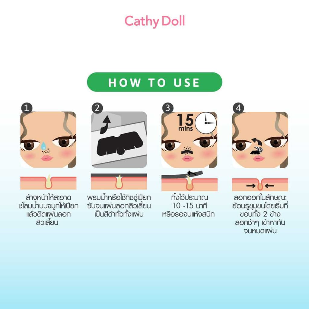 เคที่ดอลล์ โคลนลอกสิวเสี้ยน แผ่นลอกสิวเสี้ยน Cathy Doll Blackhead White Clay Mask / Charcoal Nose Cleansing Strip รูปที่ 8