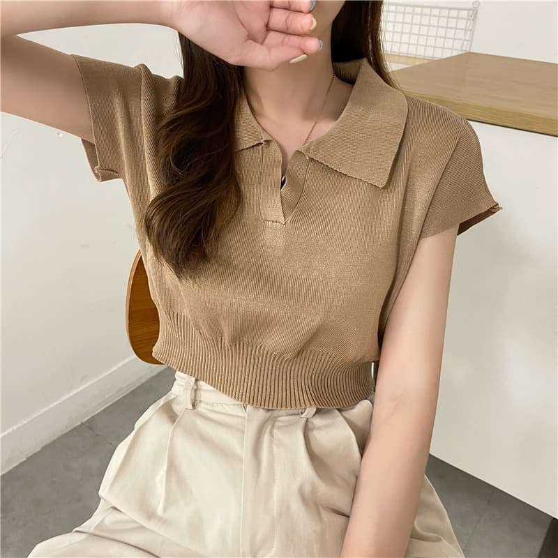 ** ในไทย** เสื้อครอปไหมพรม แขนกุดผ้านิ่ม คอปกหน้าวี Y20 รูปที่ 8