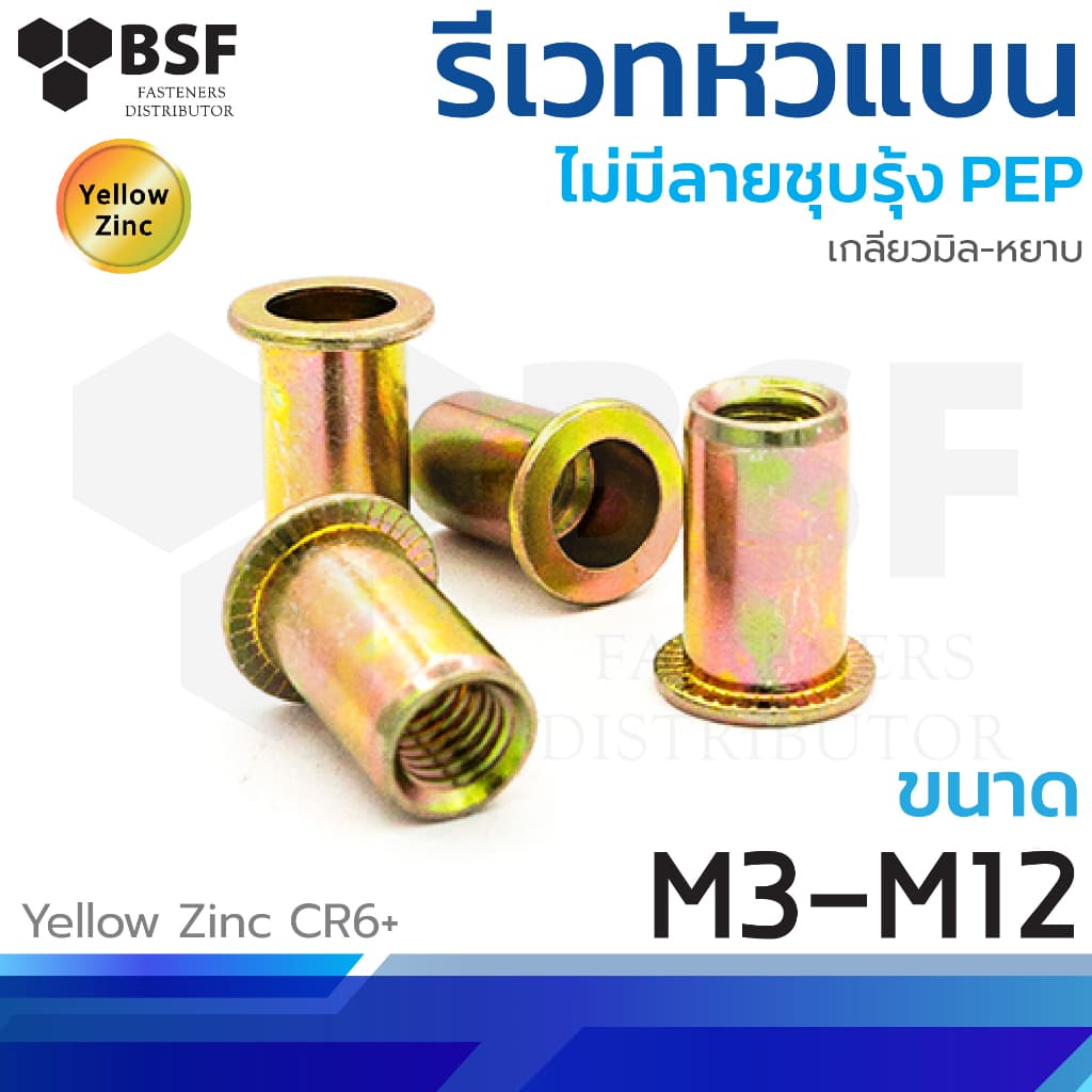 หัวน็อต รีเวทนัท หัวแบนไม่มีลาย ชุบรุ้ง Flat เกลียวมิล ขนาด M3-M12 รูปที่ 1