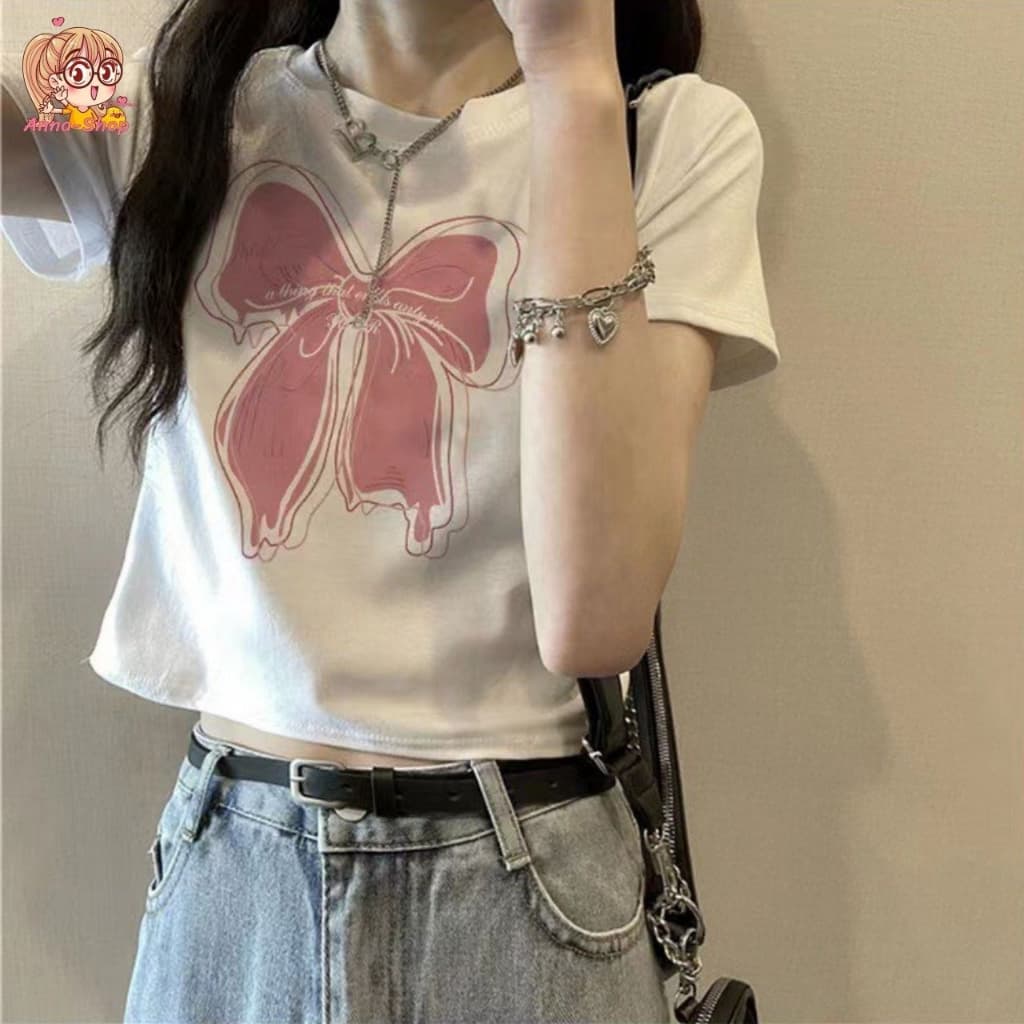 annacny เสื้อยืดสกรีนลายโบว์ เสื้อยืดแฟชั่นเท่ห์ๆ มินิมอลน่ารักสุดๆ คอกลมแขนสั้น TS1149 รูปที่ 5