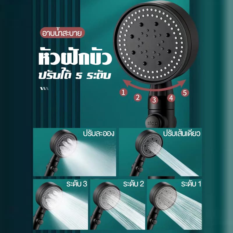 ฝักบัวแรงดันสูง 5ระดับ ฝักบัว อาบนํ้า สีดำ ไม่มีสนิม น้ำแรงและนุ่ม ชุดฝักบัว 4 in 1 ห้องน้ำ รูปที่ 4