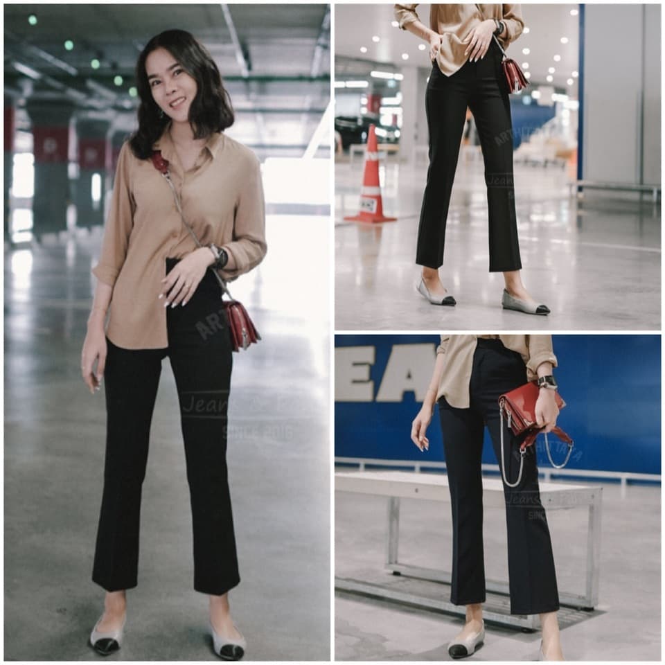 ARTHITTAYA.BRAND กางเกงผ้าซาร่า 8 ส่วน ขาบาน เอวสูง-สีดำ รูปที่ 4