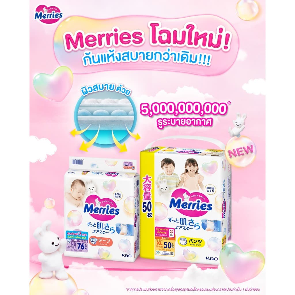 รุ่นใหม่เพิ่มรูระบายอากาศ แบบกางเกง Merries Diaper Pants Ultra Jumbo เมอร์รี่ส์ ผ้าอ้อม M66/ L56/ XL50/ XXL32 รูปที่ 6