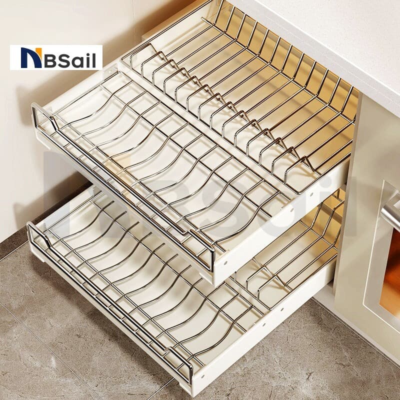 NBSail⭐ไม่ต้องเจาะรู⭐ชั้นวางจานแบบลิ้นชักพร้อมรางเลื่อน ชั้นวางจานสแตนเลส ตู้เก็บเครื่องปรุงบิวท์อิน ชั้นวางของในครัว รูปที่ 1