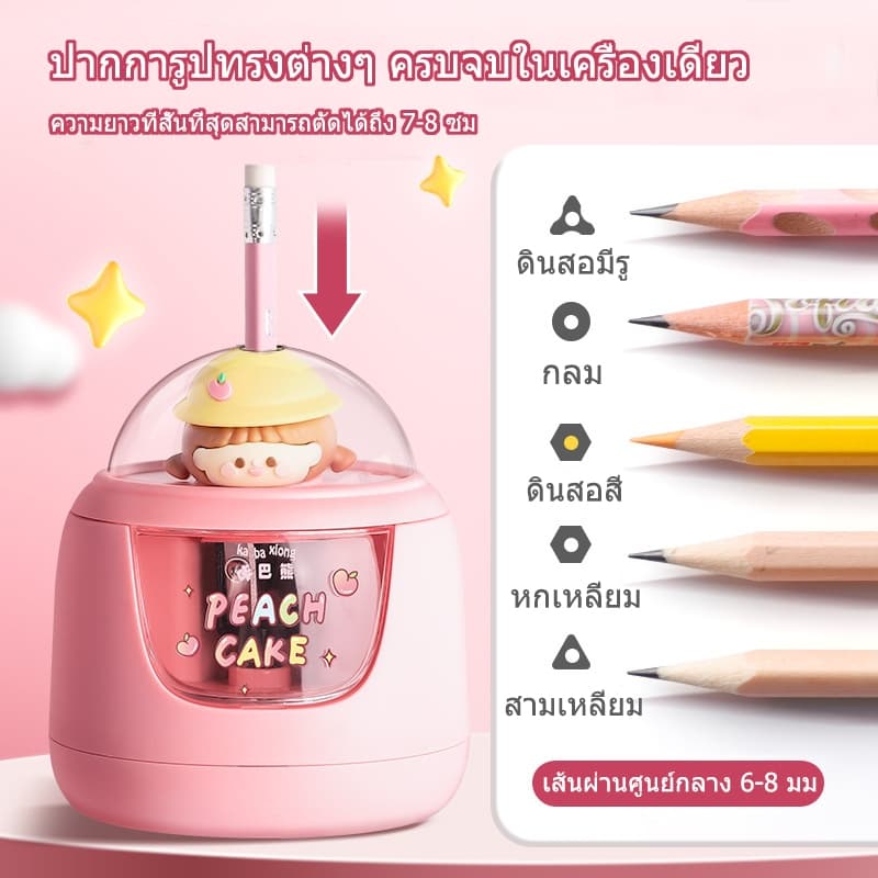 เครื่องกบเหลาดินสอไฟฟ้า กบเหลาดินสออัตโนมัติ กล่องใส 3 วินาทีให้เสร็จ รุ่นใช้แบตเตอรี่ พร้อมหัวตุ๊กตาสุดน่ารัก รูปที่ 2