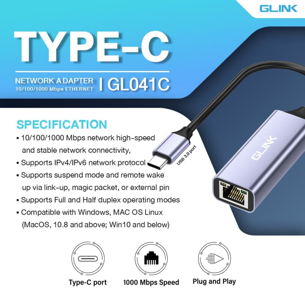 GLINK GL041 USB3.0/Type-C TO Lan Gigabit RJ-45 แปลง USB และ Type-C เป็น Lan 10/100/1000Mbps รูปที่ 6