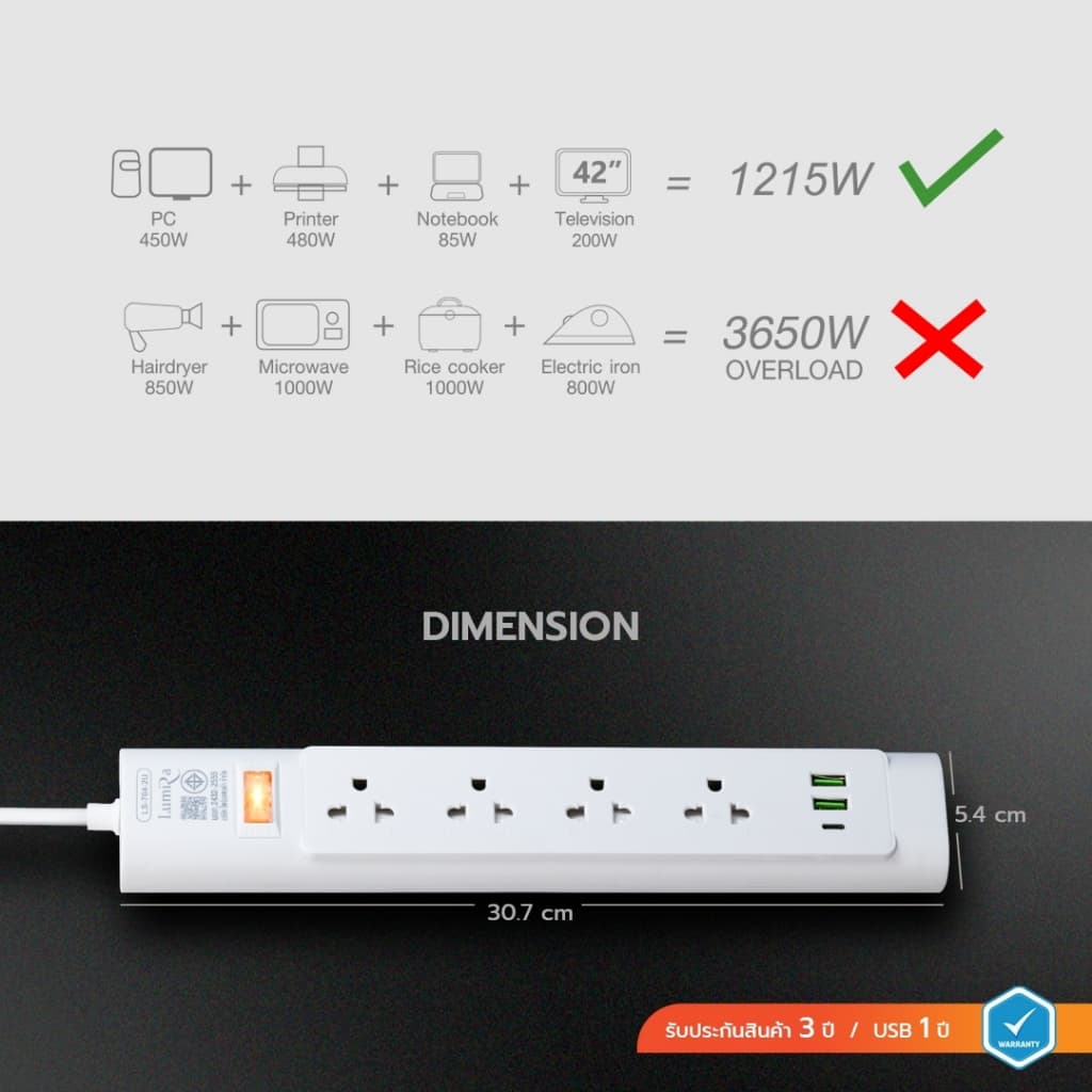 Lumira ปลั๊กไฟ รุ่น LS-704/2U รองรับ 4เต้ารับ 2USB 1USB-C สวิตช์รวม สายยาว 3M มีมอก. มีรับประกัน 1ปี รูปที่ 5