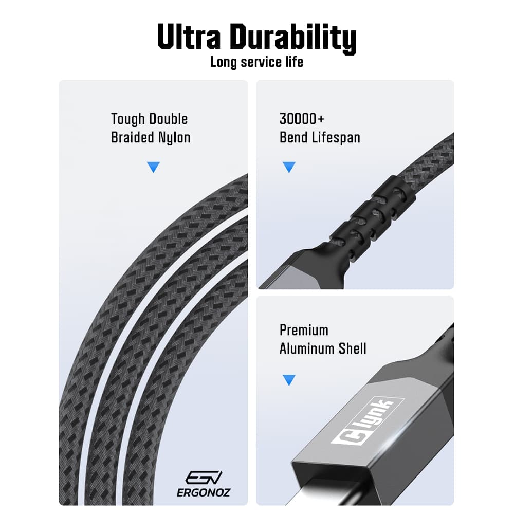 ERGONOZ Clynk สายชาร์จ TYPE-C PD 100W 20V 5A สายส่งข้อมูล 480 Mbps สายถัก E-Marker Chip ยาว 1M/2M/3M รูปที่ 5