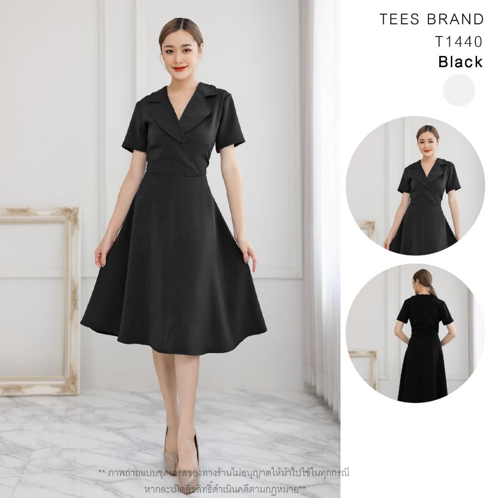 TEESBRAND ชุดทำงานสีดำT1440 1441 1442 เสื้อป้าย ปกสูท ทรงบาน คอวี แขนสั้น เดรสดำ ชุดดำงานศพ มีหลายสีให้เลือก รูปที่ 2