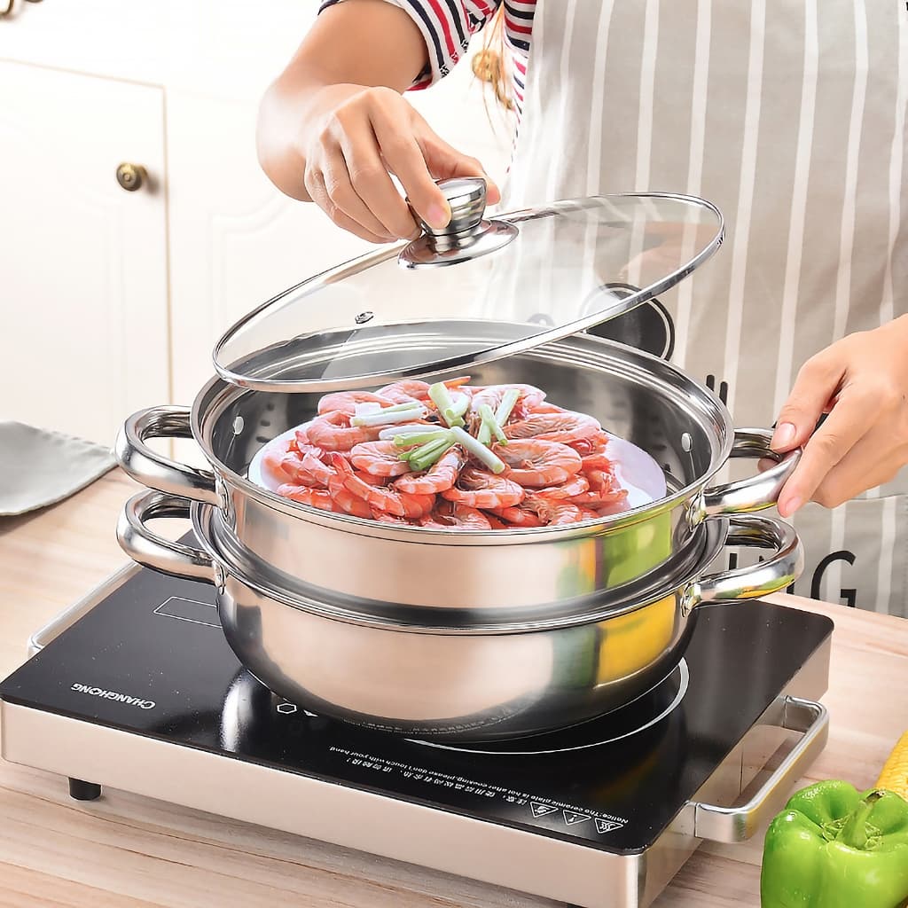 หม้อนึ่งสแตนเลส2ชั้น รุ่นฝาใส ขนาด28cm. ใช้กับเตาแม่เหล็กไฟฟ้าได้ หม้ออเนกประสงค์ รูปที่ 7