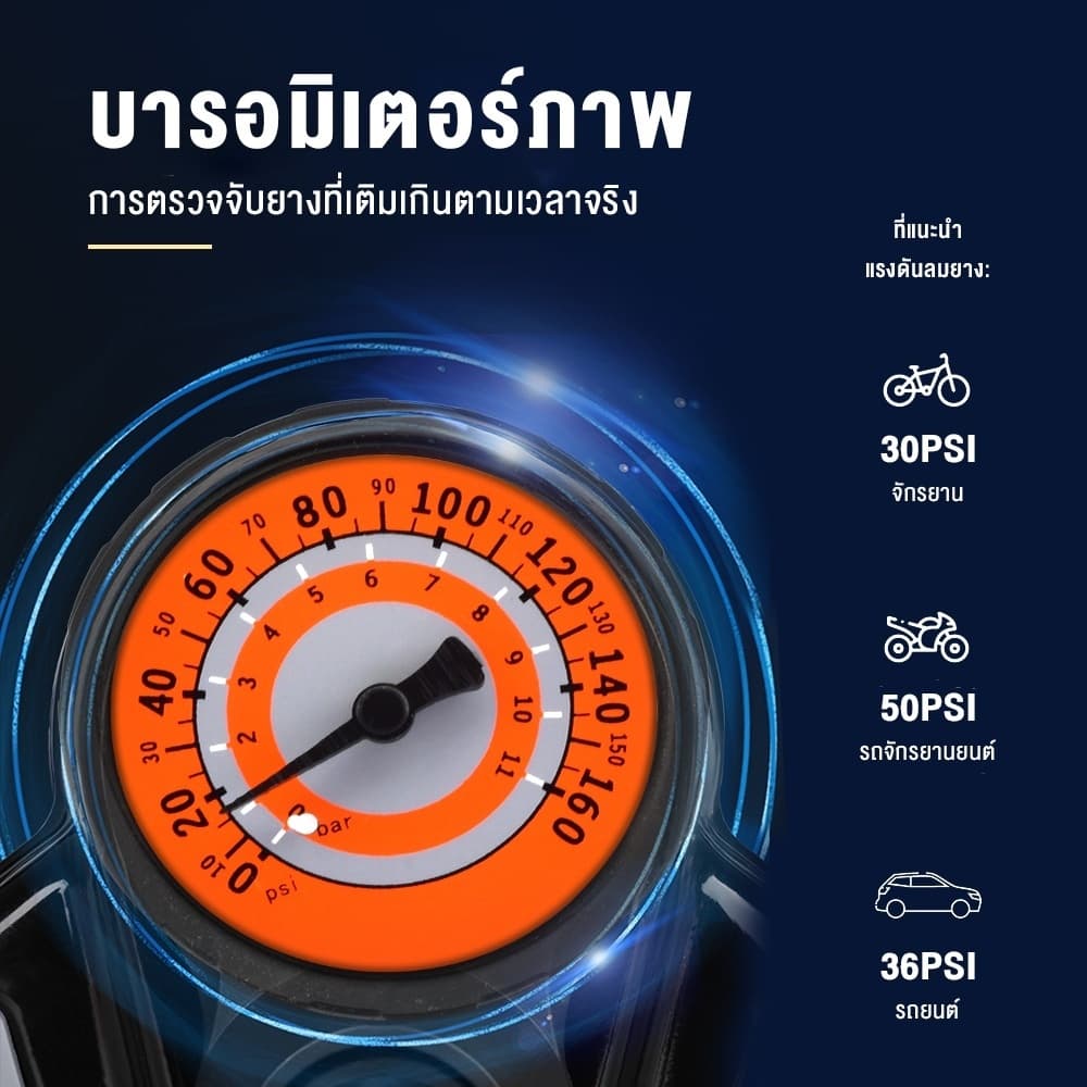 ปั๊มลมยางสูงแรง 160PSI พร้อมมาตรวัดแรงดัน อเนกประสงค์ สำหรับรถยนต์ จักรยานยนต์ จักรยาน รูปที่ 2