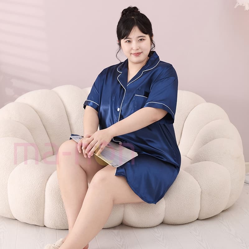 Plus size อก 60 52 ชุดนอนขนาดใหญ่พิเศษ ชุดนอน ชุดนอนกระโปรง ซาตินเดรส เนื้อนุ่มคุณภาพสูง สไตล์สีทึบ กระโปรงแขนสั้นสีพื้น รูปที่ 7