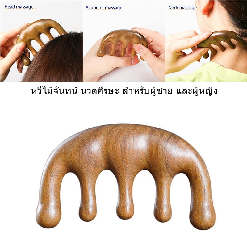 หวีไม้จันทน์ ห้าซี่ แบบเมริเดียน ป้องกันไฟฟ้าสถิตย์ สําหรับนวดศีรษะ 1 ชิ้น รูปที่ 1