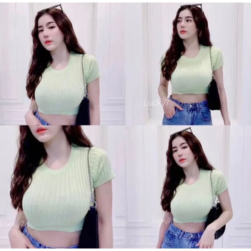 * เสื้อครอปท็อป คอกลมแขนสั้น เนื้อไหมพรม ทรงผ้าร่องเข้ารูปช่วงเอว * รูปที่ 6