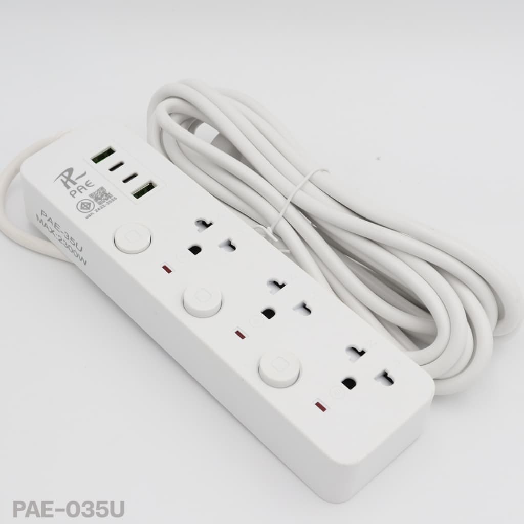 ปลั๊กไฟ ปลั๊ก PAE ปลอดภัย มอก.แท้ 2USB+2Type-C 2300W มีเบรกเกอร์ตัดไฟ ความยาว 3,5,10 เมตร สวิตซ์แยก รูปที่ 7
