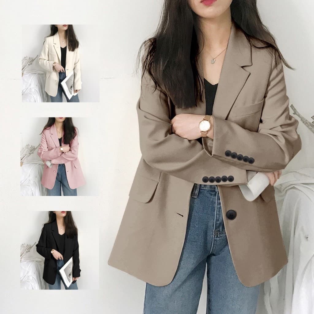 SUIT-01🍑 เสื้อสูทแฟชั่น สีพื้น 4 สี มีกระเป๋าหน้า แต่งกระดุม เบเซอร์สำหรับผู้หญิง🍑