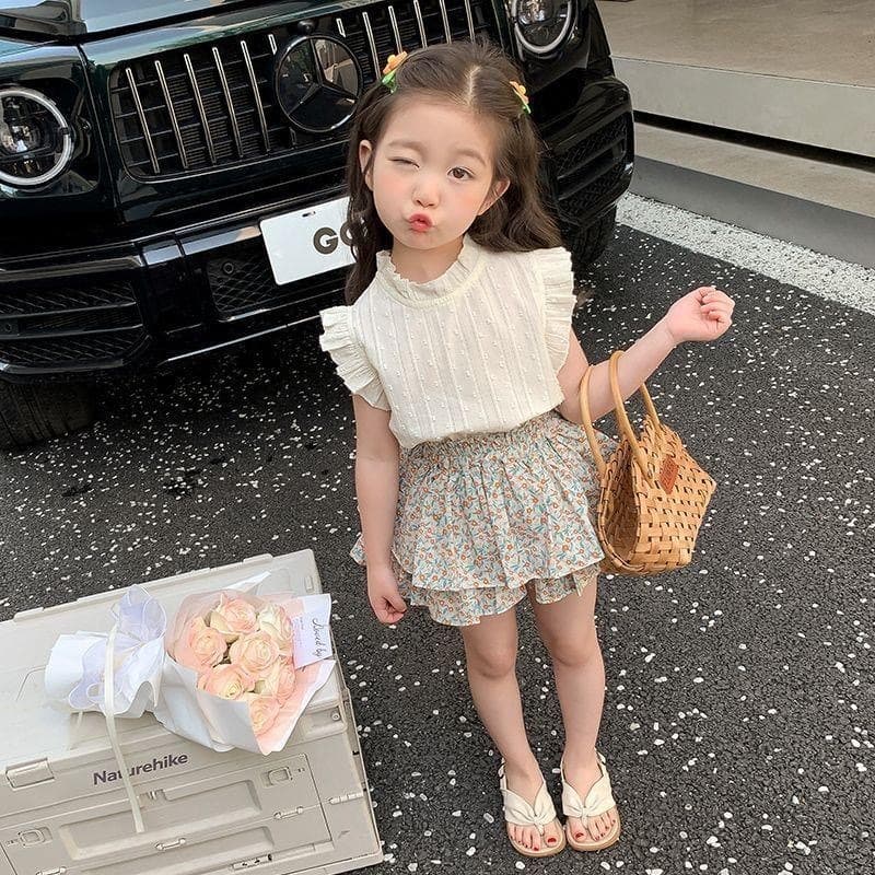 Babyonline F5 ชุดเซ็ตเสื้อแขนกุดกระโปรงกางเกงขาจั๊มลายดอกไม้ ผ้าฝ้าย ใส่สบาย รูปที่ 5