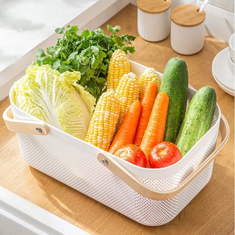 Goody Home ตะกร้าพลาสติก อเนกประสงค์ หูจับไม้ ทรงสีเหลี่ยมแบบพกพา รูปที่ 3