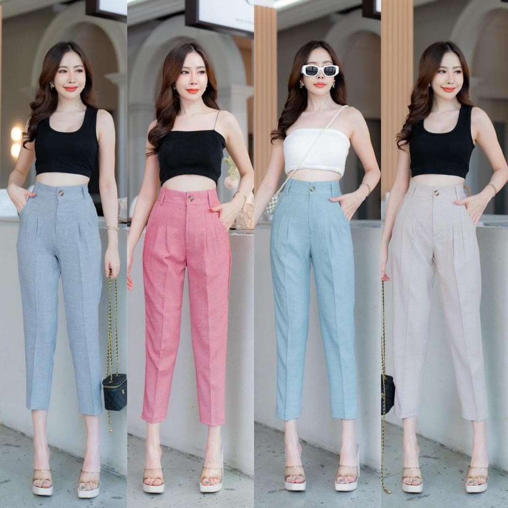 G49 กางเกงเอวสูง มีตั้งเเต่ไซส์ S - 7XL กางเกง 8ส่วน ทรงบอย กระดุมหน้า ซิปหน้า ผ้าฟอร์ร่า รูปที่ 1