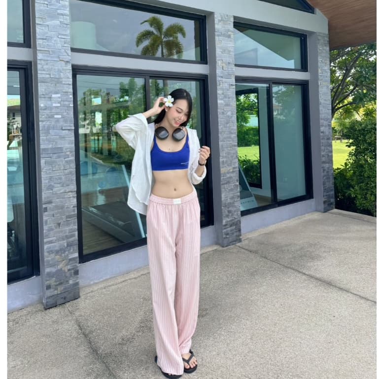 กางเกงผ้า Nammon Jeans B90-B93 กางเกงผ้ากระบอกใหญ่ลายทาง ใส่สบาย รูปที่ 7