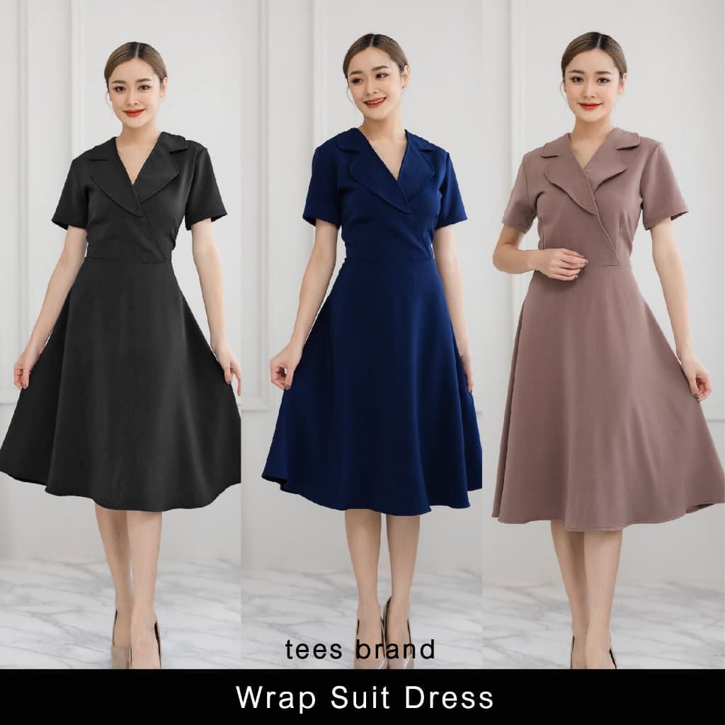 TEESBRAND ชุดทำงานสีดำT1440 1441 1442 เสื้อป้าย ปกสูท ทรงบาน คอวี แขนสั้น เดรสดำ ชุดดำงานศพ มีหลายสีให้เลือก รูปที่ 1