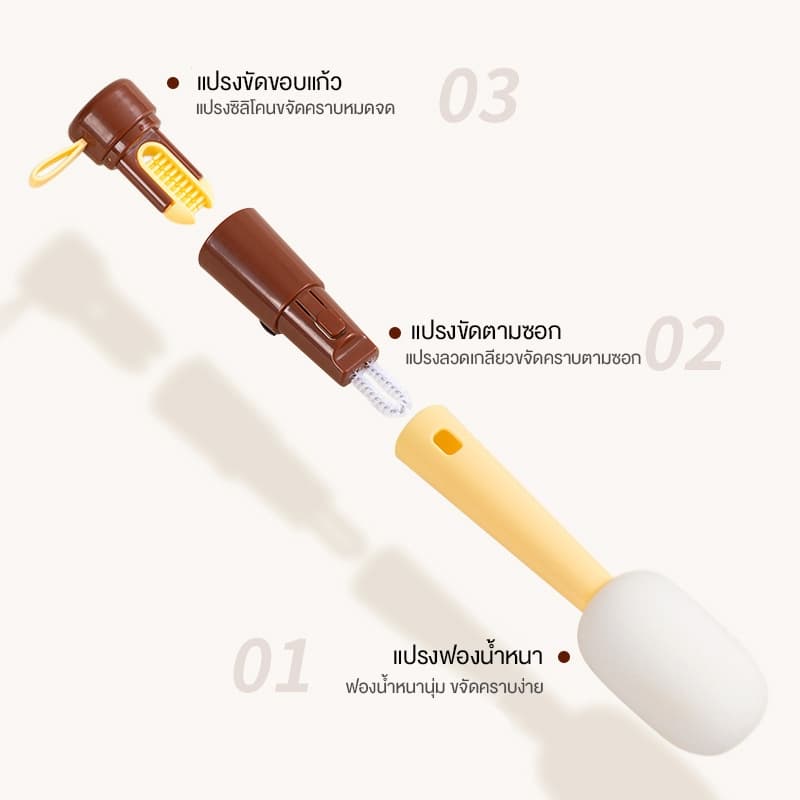 MOYO แปรงล้วงขวดนม แปรงล้างแก้ว 3in1 แปรงฟองน้ำ ฟองน้ำหนานุ่ม ฟองน้ำถอดออกได้ ทำความสะอาดได้ง่าย รูปที่ 3