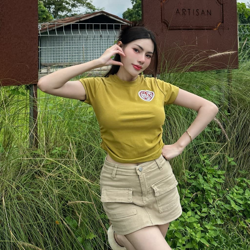 SpinnyHouseเสื้อยืดรัดรูปแต่งย่นข้าง สกรีนหัวใจแน่นๆ ทรงสวย ใส่แล้วพรางหุ่นมาก สาวอวบใส่ได้ รุ่น จั๊มเอวAllyou รูปที่ 8