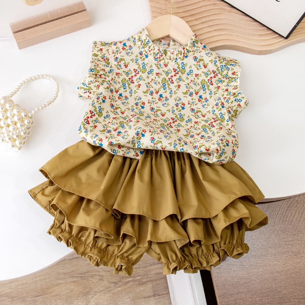 Babyonline F5 ชุดเซ็ตเสื้อแขนกุดกระโปรงกางเกงขาจั๊มลายดอกไม้ ผ้าฝ้าย ใส่สบาย รูปที่ 2