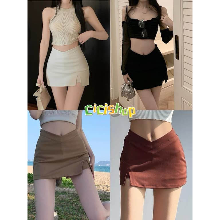 Cicishop กระโปรงสั้นทรงเอ ซับกางเกง ดีเทลเอวV ผ่าข้างใส่แล้วหุ่นสลิม สไตล์ฝรั่งเศษ รูปที่ 1