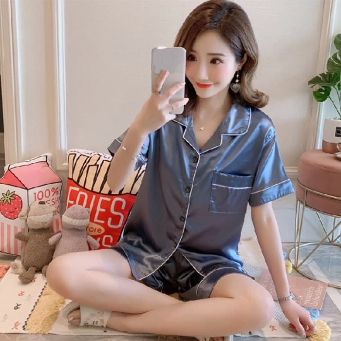 ชุดนอนซาตินขาสั้น สีพื้น ชาย-หญิง M-2XL มี 10 สี ชุดนอนสีพื้น #1-#10ชุดนอนแฟชั่นสไตล์เกาหลี รูปที่ 8