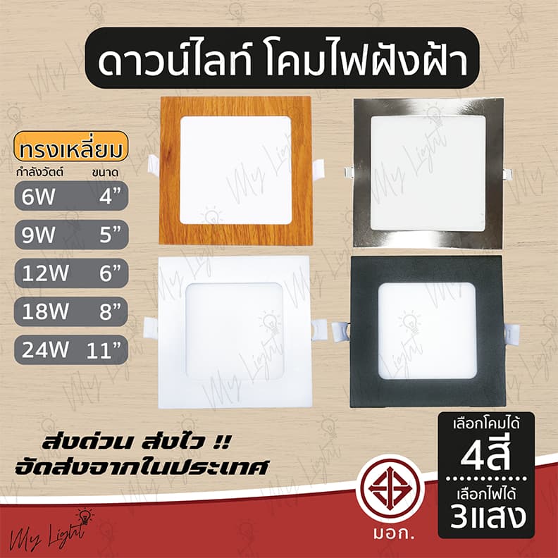 โคมดาวน์ไลท์ โคมไฟฝังผ้า ทรงเหลี่ยม 6W 9W 12W 18W 24W ขนาด 4"5" 6" 8" 11" แบบฝังฝ้า โคมไฟ โคมไฟดาวน์ไลท์ Panel LED ฝังฝ้ รูปที่ 1