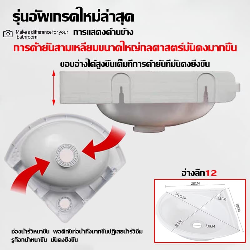 อ่างล้างหน้า แบบแขวน การเสริมแรงและความหนา มุม เรียบง่าย ประหยัดพื้นที่ อ่างล้างมือ อ่างล้างจานซิ้งล้างจาน รูปที่ 3