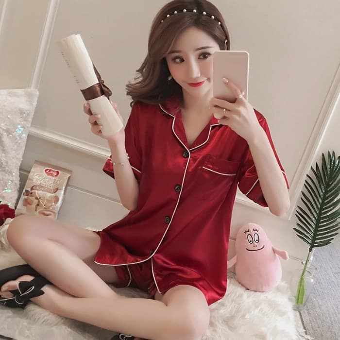 ชุดนอนซาตินขาสั้น สีพื้น ชาย-หญิง M-2XL มี 10 สี ชุดนอนสีพื้น #1-#10ชุดนอนแฟชั่นสไตล์เกาหลี รูปที่ 2