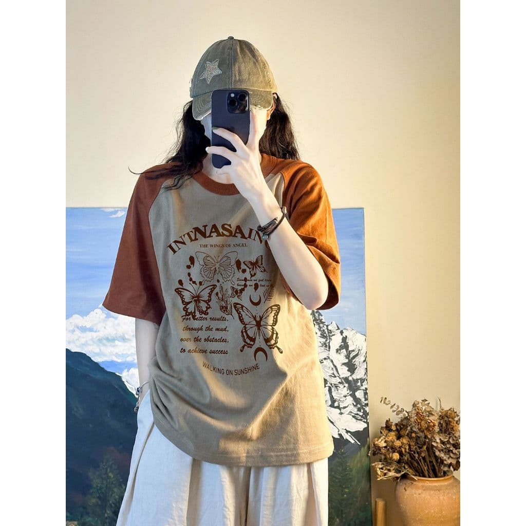เสื้อยืดสวยๆผู้หญิงที่กําลังฮิต oversize เสื้อผ้าสไตล์ญี่ปุ่นน่ารัก แฟชั่นเกาหลี เสื้อโอเวอร์ไซส์วินเทจ สตรีทสีทูโทนม้าก รูปที่ 7