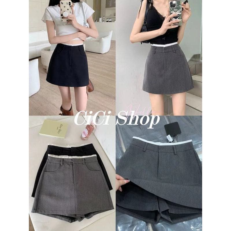 Cicishop กรโปรงกางเกงสั้นทรงเอ ดีเทลแต่งขอบกระเป๋าสามารถใช้งานได้จริง สไตล์ฝรั่งเศษ รูปที่ 1